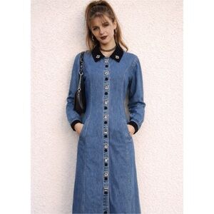 Vtg‎ Central Perk Friends Inspired Dress Womens 8 Blue Coffee 90s Retro Denim